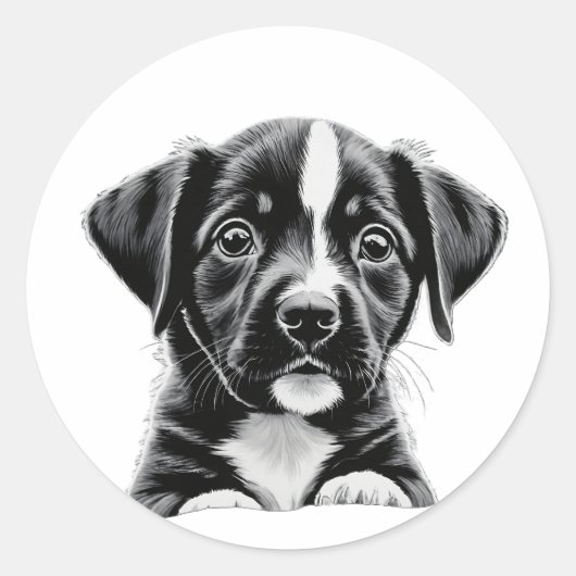 Cute Black & White Puppy – Adorable Dog Sticker ラウンドシール (正面)