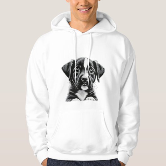 Cute Black & White Puppy – Cozy Dog Lover Hoodie パーカ (正面)