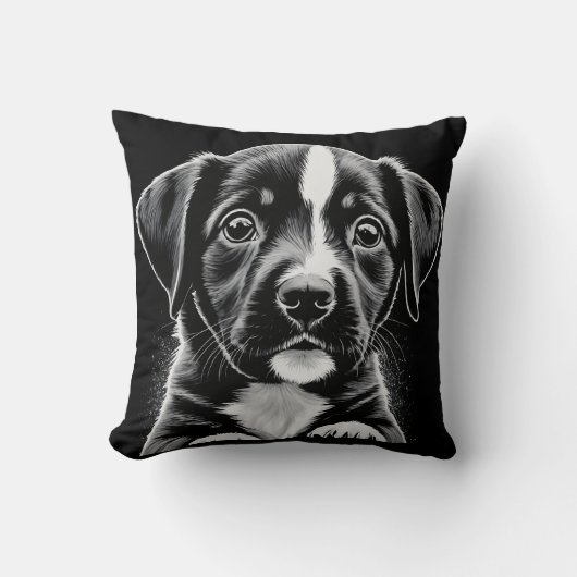 Cute Black & White Puppy – Cozy Dog Lover Pillow クッション (正面)