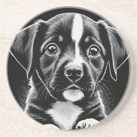 Cute Black & White Puppy – Dog Lover Coasters コースター (正面)