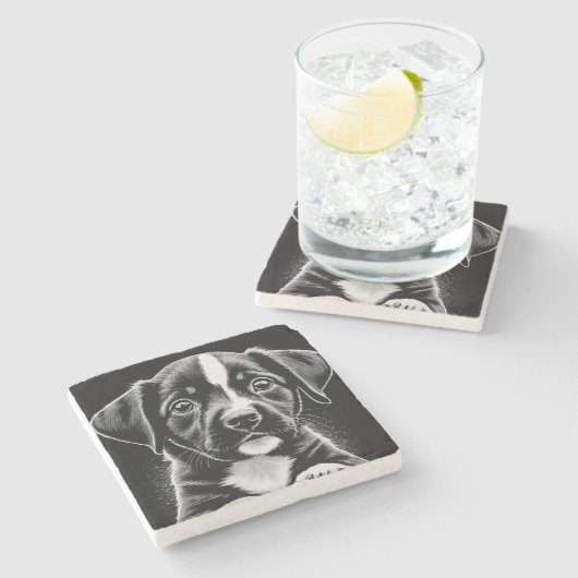 Cute Black & White Puppy – Dog Lover Coasters ストーンコースター (横)