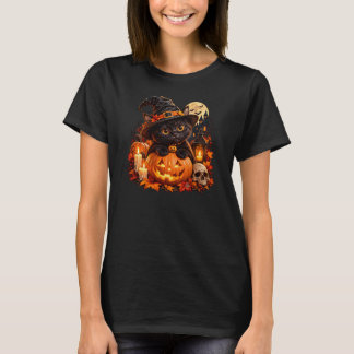 Cute Black Witch Cat on Pumpkin Tシャツ