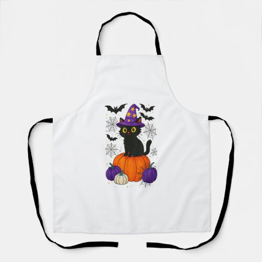 Cute Black Witch Cat Pumpkin Halloween Costume Fal エプロン (正面)