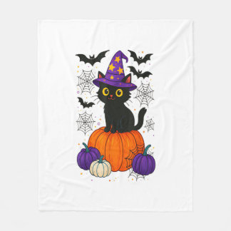 Cute Black Witch Cat Pumpkin Halloween Costume Fal フリースブランケット