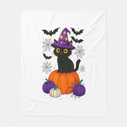 Cute Black Witch Cat Pumpkin Halloween Costume Fal フリースブランケット (正面)