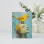 Cute Blond Girl with large yellow bird on her head ポストカード (スタンド正面)