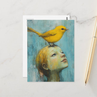 Cute Blond Girl with large yellow bird on her head ポストカード