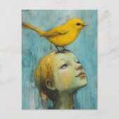 Cute Blond Girl with large yellow bird on her head ポストカード (正面)