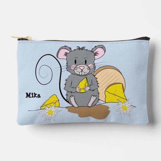 Cute Blue and Gray Zipper Pouch with Cartoon Mouse アクセサリーポーチ (正面)