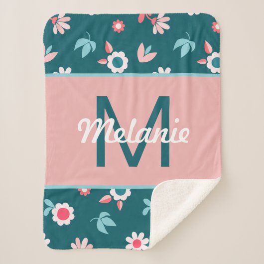 Cute Blue and Pink Personalised Floral Girl's シェルパブランケット (正面)