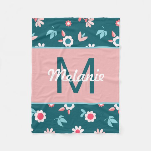 Cute Blue and Pink Personalised Floral Girl's フリースブランケット (正面)