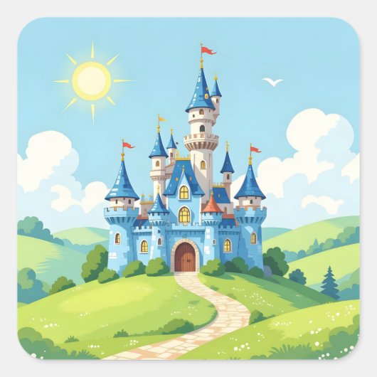 Cute blue and white castle スクエアシール (正面)