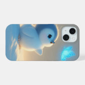 Cute Blue Baby Bird with Magic Butterfly iPhone 15ケース (裏面横)