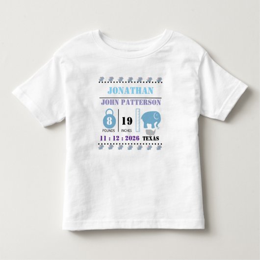 Cute Blue Baby Elephant Birth Announcement トドラーTシャツ (正面)