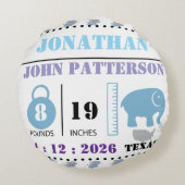 Cute Blue Baby Elephant Birth Announcement ラウンドクッション (裏面)