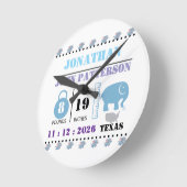 Cute Blue Baby Elephant Birth Announcement ラウンド壁時計 (傾斜)