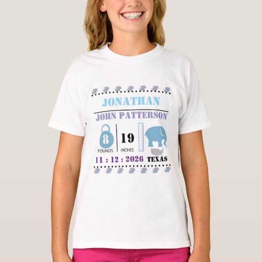 Cute Blue Baby Elephant Birth Announcement Tシャツ (正面)
