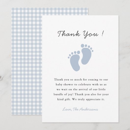 Cute Blue Baby footprint  Baby Boy shower サンキューカード (正面/裏面)