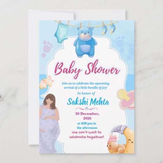 Cute Blue Baby Shower Invitation セーブザデート (正面)