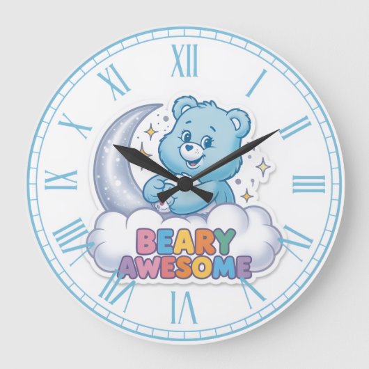 Cute Blue Bear Moon & Stars "Beary Awesome" Nurser ラージ壁時計 (正面)