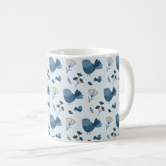 Cute Blue Bird and Berries illustrated Pattern コーヒーマグカップ (正面右)