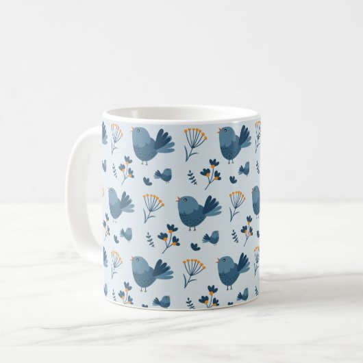 Cute Blue Bird and Berries illustrated Pattern コーヒーマグカップ (正面左)