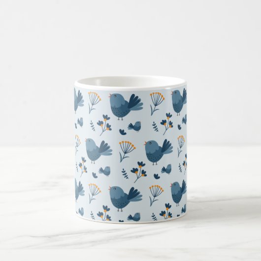 Cute Blue Bird and Berries illustrated Pattern コーヒーマグカップ (中央)