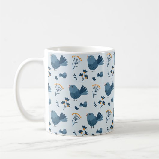 Cute Blue Bird and Berries illustrated Pattern コーヒーマグカップ (左)