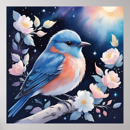 Cute blue bird illustration ポスター (正面)