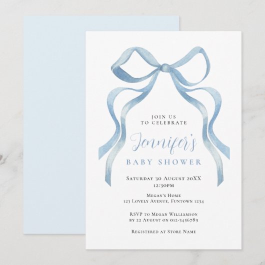 Cute Blue Bow Baby Shower invitation 招待状 (正面/裏面)
