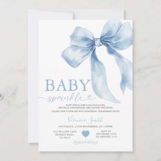 Cute Blue Bow Coquette Baby Sprinkle Baby Shower 招待状 (正面)