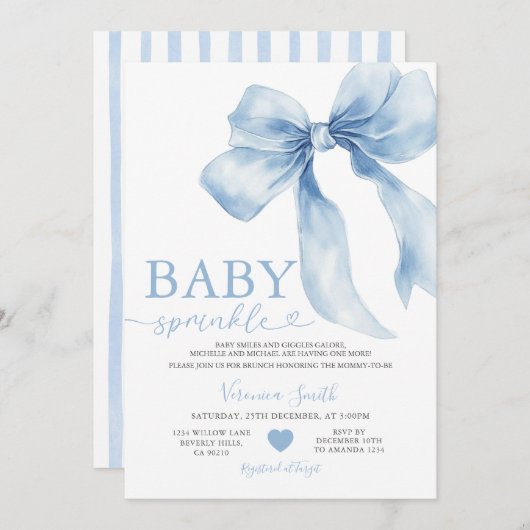 Cute Blue Bow Coquette Baby Sprinkle Baby Shower 招待状 (正面/裏面)