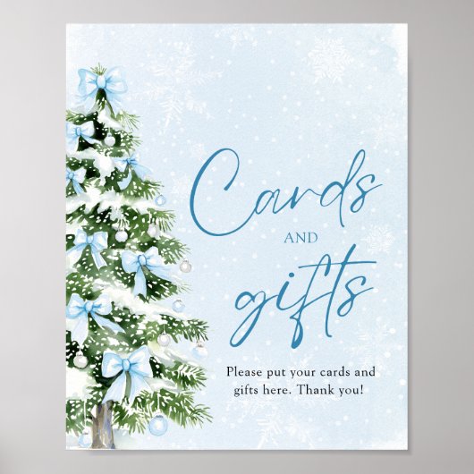 Cute Blue Bows Christmas Tree Cards and Gifts Sign ポスター (正面)