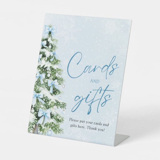 Cute Blue Bows Christmas Tree Cards and Gifts Sign 台座サイン (正面)