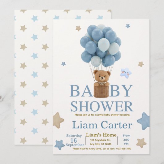 Cute Blue Boy Baby Shower Invitation サンキューカード (正面/裏面)