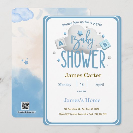 Cute Blue Boy Baby Shower Invitation 招待状 (正面/裏面)