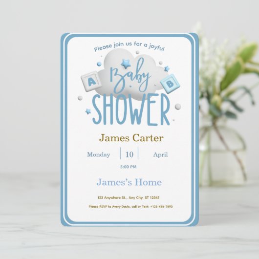 Cute Blue Boy Baby Shower Invitation 招待状 (スタンド正面)