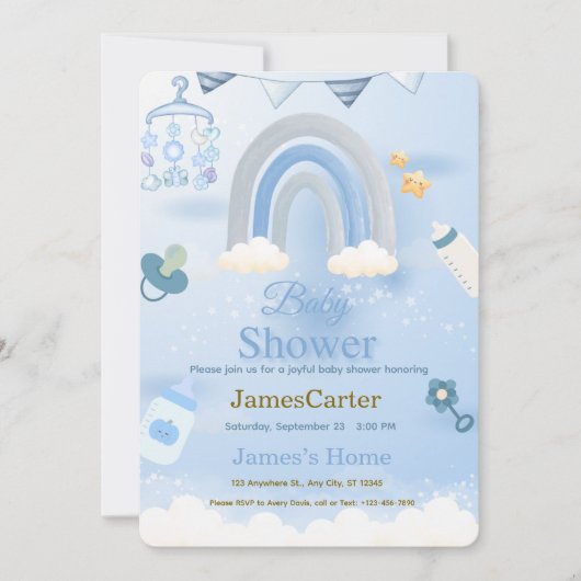 Cute Blue Boy Baby Shower Invitation 招待状 (正面)