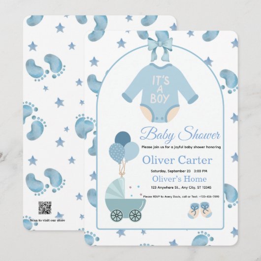 Cute Blue Boy Baby Shower Invitation 招待状 (正面/裏面)