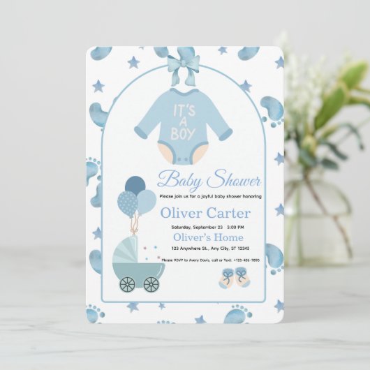 Cute Blue Boy Baby Shower Invitation 招待状 (スタンド正面)