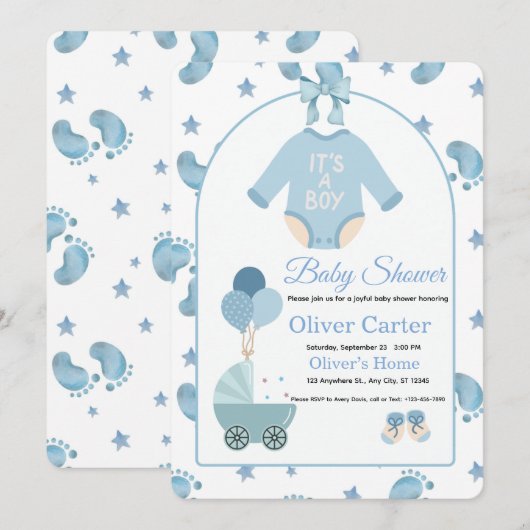 Cute Blue Boy Baby Shower Invitation 招待状 (正面/裏面)