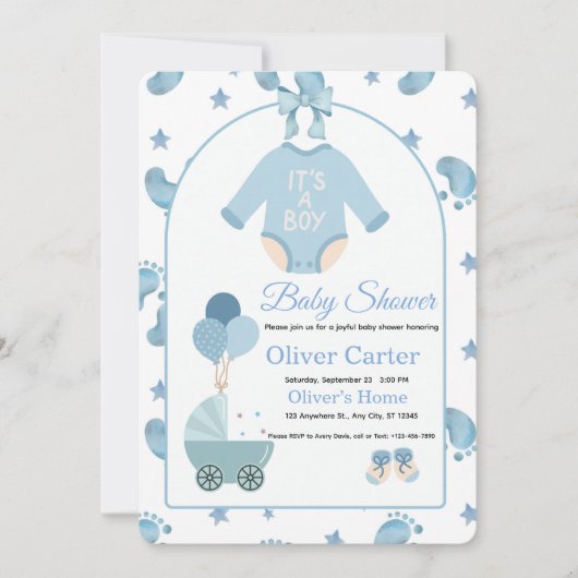 Cute Blue Boy Baby Shower Invitation 招待状 (正面)