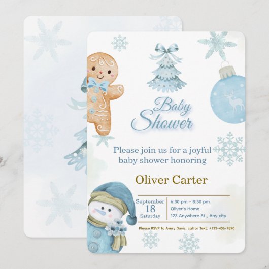 Cute Blue Boy Baby Shower Invitation 招待状 (正面/裏面)