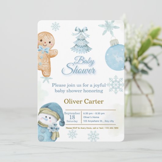 Cute Blue Boy Baby Shower Invitation 招待状 (スタンド正面)