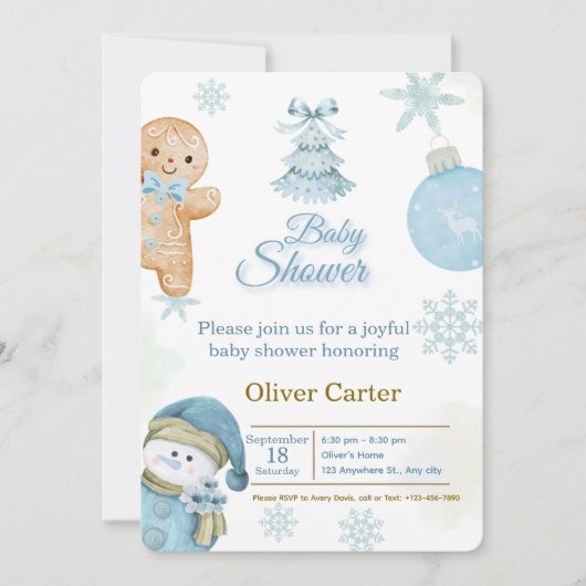 Cute Blue Boy Baby Shower Invitation 招待状 (正面)