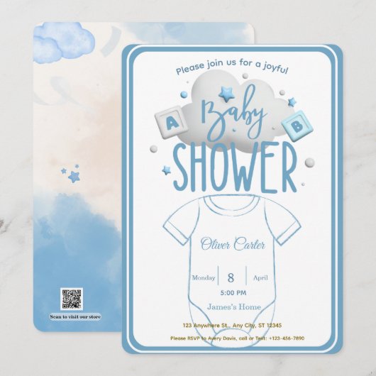 Cute Blue Boy Baby Shower Invitation 招待状 (正面/裏面)