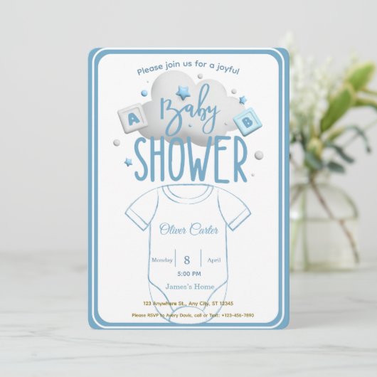 Cute Blue Boy Baby Shower Invitation 招待状 (スタンド正面)