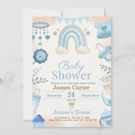 Cute Blue Boy Baby Shower Invitation 招待状
