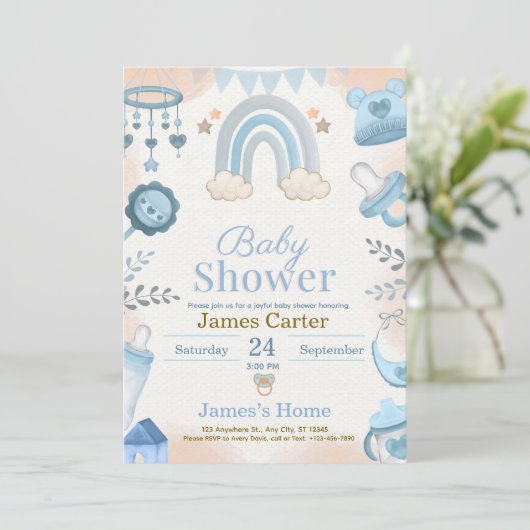 Cute Blue Boy Baby Shower Invitation 招待状 (スタンド正面)