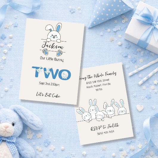 Cute Blue Bunny Boy's 2nd Birthday  招待状